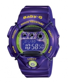 Escape just in time with this tropical purple and lime green watch by Baby-G. Purple resin strap and round case with yellow accents. Shock-resistant purple and lime green negative display digital dial features time, light, alarm, countdown timer, stopwatch and 12/24 hour formats. Digital dial. Water resistant to 200 meters. One-year limited warranty. Escape just in time with this tropical purple and lime green watch by Baby-G. Purple resin strap and round case with yellow accents. Shock-resistant purple and lime green negative display digital dial features time, light, alarm, countdown timer, stopwatch and 12/24 hour formats. Digital dial. Water resistant to 200 meters. One-year limited warranty.