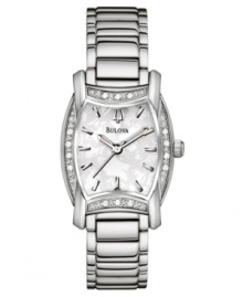 Jazz up your evenings or every day with this elegant watch from Bulova. Silvertone stainless steel bracelet. Tonneau-shaped stainless steel case with diamond accent bezel. Silvertone tonneau-shaped dial with logo and stick indices. Quartz movement. Water resistant to 30 meters. Three-year limited warranty. Jazz up your evenings or every day with this elegant watch from Bulova. Silvertone stainless steel bracelet. Tonneau-shaped stainless steel case with diamond accent bezel. Silvertone tonneau-shaped dial with logo and stick indices. Quartz movement. Water resistant to 30 meters. Three-year limited warranty.