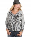 A sequined sublimated print blasts onto American Rag's long sleeve plus size top, finished by a banded hem-- pair it with your go-to jeans. (Clearance)