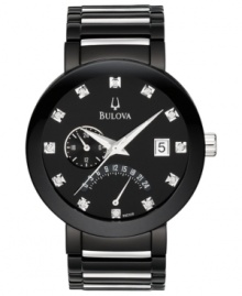A handsome black timepiece with subtle sparkle from diamond accents, by Bulova. A handsome black timepiece with subtle sparkle from diamond accents, by Bulova.