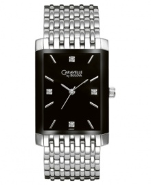 A handsome style from Caravelle by Bulova, this men's watch emanates refinement. With a silvertone stainless steel bracelet and rectangular case. Rectangular black dial with diamond accents at indices and logo. Quartz movement. Water resistant to 30 meters. Three-year limited warranty. A handsome style from Caravelle by Bulova, this men's watch emanates refinement. With a silvertone stainless steel bracelet and rectangular case. Rectangular black dial with diamond accents at indices and logo. Quartz movement. Water resistant to 30 meters. Three-year limited warranty.