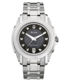 Unparalleled accuracy and sleek minimalist design, by Bulova. Touted as the world's most accurate timepiece, this Precisionist collection watch is accurate to ten seconds a year. Round stainless steel case and bracelet. Black sunray-patterned dial features luminous hour and minute hands, continuously sweeping second hand, diamond accents at markers, date window at six o'clock and logo. Quartz movement. Water resistant to 30 meters. Three-year limited warranty. Unparalleled accuracy and sleek minimalist design, by Bulova. Touted as the world's most accurate timepiece, this Precisionist collection watch is accurate to ten seconds a year. Round stainless steel case and bracelet. Black sunray-patterned dial features luminous hour and minute hands, continuously sweeping second hand, diamond accents at markers, date window at six o'clock and logo. Quartz movement. Water resistant to 30 meters. Three-year limited warranty.