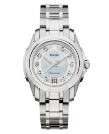 Crisp lines of steel and diamond accents create effortlessly cool elegance. Bulova's Precisionist collection watch features a continuously sweeping second hand to keep time accurate to ten seconds a year. Round stainless steel case and bracelet. White mother-of-pearl dial with applied index features luminous hour and minute hands, diamond accents at markers, date window at six o'clock and logo. Quartz movement. Water resistant to 30 meters. Three-year limited warranty. Crisp lines of steel and diamond accents create effortlessly cool elegance. Bulova's Precisionist collection watch features a continuously sweeping second hand to keep time accurate to ten seconds a year. Round stainless steel case and bracelet. White mother-of-pearl dial with applied index features luminous hour and minute hands, diamond accents at markers, date window at six o'clock and logo. Quartz movement. Water resistant to 30 meters. Three-year limited warranty.