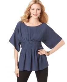 Lightweight crepe fabric gives Studio M's kimono top an airy feel. Pair it with everything from jeans to a fitted skirt for a night out! Lightweight crepe fabric gives Studio M's kimono top an airy feel. Pair it with everything from jeans to a fitted skirt for a night out!