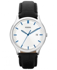 Details make the man: This Dress collection watch by Fossil is crafted of black croc-embossed leather and popping blue accents.