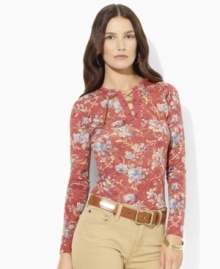 Lauren Ralph Lauren's fine-ribbed cotton floral tee is finished with chic three-quarter-length sleeves and a lace-up placket for a feminine look. Lauren Ralph Lauren's fine-ribbed cotton floral tee is finished with chic three-quarter-length sleeves and a lace-up placket for a feminine look.