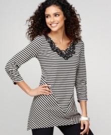 No need for a necklace when you wear Style&co.'s striped tunic: the soutache trim and faceted stones give this piece a glamorous touch! No need for a necklace when you wear Style&co.'s striped tunic: the soutache trim and faceted stones give this piece a glamorous touch!