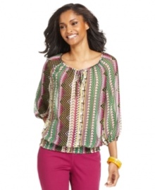 A lively, colorful print makes Style&co.'s peasant top pop! Try it with this season's colored denim or a sweeping maxi skirt for a different take on bohemian chic. A lively, colorful print makes Style&co.'s peasant top pop! Try it with this season's colored denim or a sweeping maxi skirt for a different take on bohemian chic.
