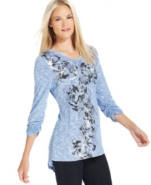 A sketched floral print with metallic details and rhinestone studding dresses up this pretty top from Style&co. A sketched floral print with metallic details and rhinestone studding dresses up this pretty top from Style&co.
