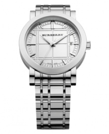This Burberry watch features a stainless steel bracelet and case. Silvertone etched check dial with logo, date window at 3 o'clock and polished silvertone indices. Three hands. Swiss movement. Water resistant to 30 meters. Two-year limited warranty.