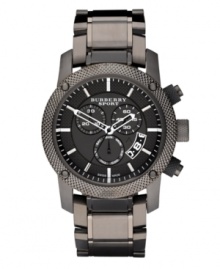 This Burberry timepiece features a gray ion-plated stainless steel bracelet and round case. Black chronograph dial features silver tone stick indices, date window at four o'clock, three subdials and logo. Quartz movement. Water resistant to 100 meters. Two-year limited warranty. This Burberry timepiece features a gray ion-plated stainless steel bracelet and round case. Black chronograph dial features silver tone stick indices, date window at four o'clock, three subdials and logo. Quartz movement. Water resistant to 100 meters. Two-year limited warranty.