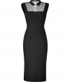Alluring and demure with its sheer paneled bib, LWren Scotts form-fitting sheath is a modern take on cocktails chic - Petite pointed collar, sleeveless, sheer black bib panel, tailored seaming around the waist, hidden back zip, buttoned kick-pleat - Form-fitting, mid-length - Wear with platform peep-toes and a statement clutch
