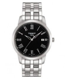 A stalwart every day watch with timeless style by Tissot. Stainless steel bracelet and round case. Black dial with silvertone Roman numerals, logo and date window. Quartz movement. Water resistant to 30 meters. Two-year limited warranty. A stalwart every day watch with timeless style by Tissot. Stainless steel bracelet and round case. Black dial with silvertone Roman numerals, logo and date window. Quartz movement. Water resistant to 30 meters. Two-year limited warranty.