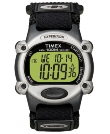 Strap on adventurous style. This Timex watch features a black velcro strap and round resin case. Digital dial and movement. Water resistant to 100 meters. One-year limited warranty. Strap on adventurous style. This Timex watch features a black velcro strap and round resin case. Digital dial and movement. Water resistant to 100 meters. One-year limited warranty.