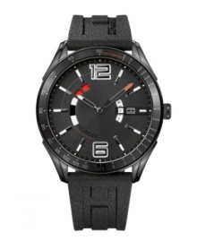 Ready for anything. High-impact watch by Tommy Hilfiger crafted of black silicone strap and round black ion-plated stainless steel case with tachymeter scale at bezel. Black dial features large numerals at twelve and six o'clock, stick indices, rotating calendar wheel with display at three o'clock, two hands, logo and red accents. Quartz movement. Water resistant to 50 meters. Ten-year limited warranty. Ready for anything. High-impact watch by Tommy Hilfiger crafted of black silicone strap and round black ion-plated stainless steel case with tachymeter scale at bezel. Black dial features large numerals at twelve and six o'clock, stick indices, rotating calendar wheel with display at three o'clock, two hands, logo and red accents. Quartz movement. Water resistant to 50 meters. Ten-year limited warranty.