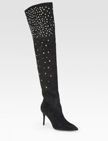Unapologetically bold silhouette of fine suede with gleaming metal studs, a sky-high heel and classic point toe. Self-covered heel, 3½ (90mm)Shaft, 23½Leg circumference, 16½Suede upper with metal studsPoint toeSide zipLeather lining and solePadded insoleImported Unapologetically bold silhouette of fine suede with gleaming metal studs, a sky-high heel and classic point toe. Self-covered heel, 3½ (90mm)Shaft, 23½Leg circumference, 16½Suede upper with metal studsPoint toeSide zipLeather lining and solePadded insoleImported