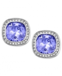 Swarovski adds glamour with a simple touch in the Simplicity stud earrings. Crafted from rhodium-plated mixed metal, the earrings feature a Provence Lavender crystal, offset by pave accents. Approximate diameter: 3/5 inch. Swarovski adds glamour with a simple touch in the Simplicity stud earrings. Crafted from rhodium-plated mixed metal, the earrings feature a Provence Lavender crystal, offset by pave accents. Approximate diameter: 3/5 inch.