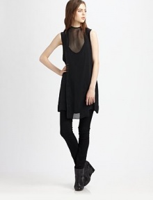 City-ready tunic of pure silk has a semi-sheer overlay that concludes with a back self tie. RoundneckSemi-sheer overlay with self tie at back neckSleevelessAbout 35 from shoulder to hemSilkDry cleanMade in Canada of domestic fabricModel shown is 5'9 (176cm) wearing US size Small. City-ready tunic of pure silk has a semi-sheer overlay that concludes with a back self tie. RoundneckSemi-sheer overlay with self tie at back neckSleevelessAbout 35 from shoulder to hemSilkDry cleanMade in Canada of domestic fabricModel shown is 5'9 (176cm) wearing US size Small.