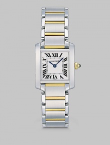 An enduring timepiece emboldened with 18k yellow gold accents.Cartier caliber 057 quartz movement Water resistant to 100 feet Stainless steel case, 25mm X 20mm, 0.98 X 0.79 Silver grained dial Roman numeral markers Blue steel hands 18k yellow gold & stainless steel bracelet Made in Switzerland An enduring timepiece emboldened with 18k yellow gold accents.Cartier caliber 057 quartz movement Water resistant to 100 feet Stainless steel case, 25mm X 20mm, 0.98 X 0.79 Silver grained dial Roman numeral markers Blue steel hands 18k yellow gold & stainless steel bracelet Made in Switzerland