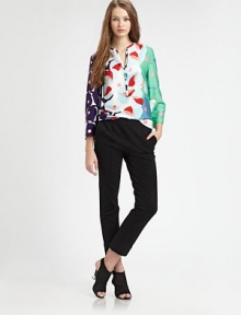 Vibrant florals highlight gorgeous matte silk in this tailored button-down top.Band collarButton-down half placketThree-quarter sleevesStraight hemAbout 22 from natural waist95% silk/5% LycraDry cleanImportedModel shown is 5'10 (177cm) wearing US size 4. Vibrant florals highlight gorgeous matte silk in this tailored button-down top.Band collarButton-down half placketThree-quarter sleevesStraight hemAbout 22 from natural waist95% silk/5% LycraDry cleanImportedModel shown is 5'10 (177cm) wearing US size 4.
