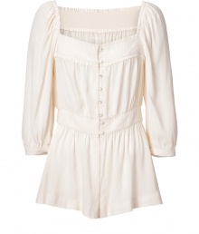 Light, summery top in bring viscose - Wide, square neckline shows off collarbone - Ruffled 3/4 length sleeves - Delicate enamel buttons down front - Flowing silhouette - Slightly tapered at waist - Style with skinny jeans for silhouette contrast, leather pants for fashionable texture contrast - Great with trendy pastel-colored ballet flats or leather flip-flops Light, summery top in bring viscose - Wide, square neckline shows off collarbone - Ruffled 3/4 length sleeves - Delicate enamel buttons down front - Flowing silhouette - Slightly tapered at waist - Style with skinny jeans for silhouette contrast, leather pants for fashionable texture contrast - Great with trendy pastel-colored ballet flats or leather flip-flops