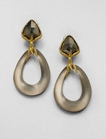 From the Lucite Allegory Collection. Faceted triangles of rich pyrite are framed in thorny, textured goldtone that holds open oval loops of hand-painted, hand-sculpted lucite.PyriteLuciteGoldtoneLength, about 2.6Width, about 1.25Clip-on backMade in USA From the Lucite Allegory Collection. Faceted triangles of rich pyrite are framed in thorny, textured goldtone that holds open oval loops of hand-painted, hand-sculpted lucite.PyriteLuciteGoldtoneLength, about 2.6Width, about 1.25Clip-on backMade in USA