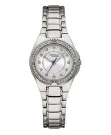 Icy shine and deep blue accents combine. Watch by Caravelle by Bulova crafted of silver tone mixed metal bracelet and round case. Bezel crystallized with hand-set Swarovski elements. Silver tone sunray dial features crystal accents at markers, minute track, luminous hour and minute hands, blue second hand, and logo. Quartz movement. Water resistant to 30 meters. Two-year limited warranty. Icy shine and deep blue accents combine. Watch by Caravelle by Bulova crafted of silver tone mixed metal bracelet and round case. Bezel crystallized with hand-set Swarovski elements. Silver tone sunray dial features crystal accents at markers, minute track, luminous hour and minute hands, blue second hand, and logo. Quartz movement. Water resistant to 30 meters. Two-year limited warranty.