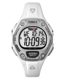 For white-hot workouts. Ironman digital watch by Timex crafted of white resin strap and round case with silver tone bezel. Positive display digital dial features day, date, time, 30-lap memory, chronograph, alarm and timer. Quartz movement. Water resistant to 100 meters. One-year limited warranty. For white-hot workouts. Ironman digital watch by Timex crafted of white resin strap and round case with silver tone bezel. Positive display digital dial features day, date, time, 30-lap memory, chronograph, alarm and timer. Quartz movement. Water resistant to 100 meters. One-year limited warranty.