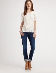 Semi-sheer lace crewneck has three-quarter sleeves and an unexpected, solid knit back. BoatneckModified three-quarter sleevesSolid knit back75% cotton/25% nylonDry cleanMade in USA of imported fabricModel shown is 5'10 (177cm) wearing US size Small. Semi-sheer lace crewneck has three-quarter sleeves and an unexpected, solid knit back. BoatneckModified three-quarter sleevesSolid knit back75% cotton/25% nylonDry cleanMade in USA of imported fabricModel shown is 5'10 (177cm) wearing US size Small.