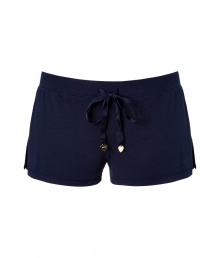 Stylish shorts in fine dark blue stretch modal - Short mini length is sexy but comfortable - Drawstring waist with heart charms on the ties - A great lounge basic with a tee, tank or cut-off sweatshirt Stylish shorts in fine dark blue stretch modal - Short mini length is sexy but comfortable - Drawstring waist with heart charms on the ties - A great lounge basic with a tee, tank or cut-off sweatshirt