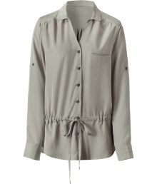 Stylish top of fine, pale taupe Tencel - Particularly soft and comfortable - Modern blouse cut, slim, straight, with a drawstring at the hips - Small collar and decoratively gathered shoulders - Breast pocket and button placket - An ingenious everyday basic, casual, trendy, yet chic - Instead of a classic blouse in the office with slim skirts and trousers, in the evening with jeans, mini skirts, leather pants Stylish top of fine, pale taupe Tencel - Particularly soft and comfortable - Modern blouse cut, slim, straight, with a drawstring at the hips - Small collar and decoratively gathered shoulders - Breast pocket and button placket - An ingenious everyday basic, casual, trendy, yet chic - Instead of a classic blouse in the office with slim skirts and trousers, in the evening with jeans, mini skirts, leather pants