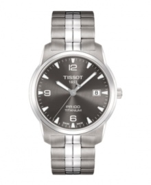 A classically designed timepiece built with precision, by Tissot. PR 100 collection watch crafted of stainless steel bracelet and round titanium case. Black dial features luminous hour markers, minute track, numerals at six, nine and twelve o'clock, three hands, date window at three o'clock and logo at twelve o'clock. Swiss quartz movement. Water resistant to 100 meters. Two-year limited warranty. A classically designed timepiece built with precision, by Tissot. PR 100 collection watch crafted of stainless steel bracelet and round titanium case. Black dial features luminous hour markers, minute track, numerals at six, nine and twelve o'clock, three hands, date window at three o'clock and logo at twelve o'clock. Swiss quartz movement. Water resistant to 100 meters. Two-year limited warranty.