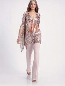 This shimmering paisley-printed design gets a touch of bohemian glamour from dramatic batwing sleeves.V necklineBatwing sleevesGathered bodiceSilk liningAbout 31 from shoulder to hem67% silk/33% lurexDry cleanMade in Italy of imported fabricModel shown is 5'10 (177cm) wearing US size 4. This shimmering paisley-printed design gets a touch of bohemian glamour from dramatic batwing sleeves.V necklineBatwing sleevesGathered bodiceSilk liningAbout 31 from shoulder to hem67% silk/33% lurexDry cleanMade in Italy of imported fabricModel shown is 5'10 (177cm) wearing US size 4.