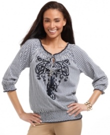 A peasant top gets revamped with a punchy print and paisley embroidery in this Charter Club look. Tassels at the neckline add a luxe touch, too! (Clearance) A peasant top gets revamped with a punchy print and paisley embroidery in this Charter Club look. Tassels at the neckline add a luxe touch, too! (Clearance)