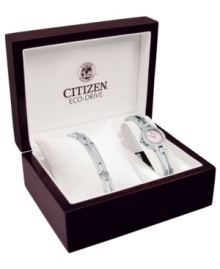 Ladylike details adorn this modern timepiece and matching fashion bracelet, by Citizen. Ladylike details adorn this modern timepiece and matching fashion bracelet, by Citizen.