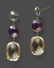 Citrine and green and pink amethyst drop earrings in yellow gold. Citrine and green and pink amethyst drop earrings in yellow gold.
