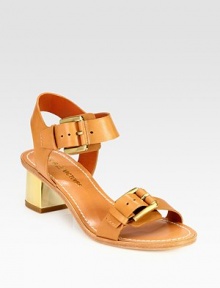 Lacquered heel topped with wide leather buckle straps. Lacquered heel, 2 (50mm)Leather upperAdjustable strapsLeather lining and solePadded insoleImportedOUR FIT MODEL RECOMMENDS ordering one half size down as this style runs large. Lacquered heel topped with wide leather buckle straps. Lacquered heel, 2 (50mm)Leather upperAdjustable strapsLeather lining and solePadded insoleImportedOUR FIT MODEL RECOMMENDS ordering one half size down as this style runs large.