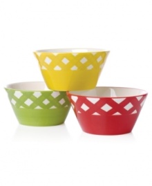 A favorite picnic-table print in most-appropriate shades of ketchup, mustard and relish make these Gingham Barbecue condiment bowls as indispensable as your grill. A favorite picnic-table print in most-appropriate shades of ketchup, mustard and relish make these Gingham Barbecue condiment bowls as indispensable as your grill.