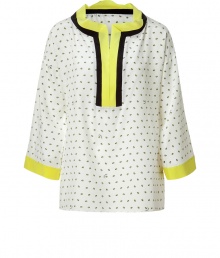 A feminine fit and a quirky print makes this Schumacher blouse a great addition to your workweek attire - High neck with colorblock trim and V cut out, relaxed silhouette, all-over ladybug print - Pair with slim cropped trousers, a structured blazer, and platform pumps A feminine fit and a quirky print makes this Schumacher blouse a great addition to your workweek attire - High neck with colorblock trim and V cut out, relaxed silhouette, all-over ladybug print - Pair with slim cropped trousers, a structured blazer, and platform pumps