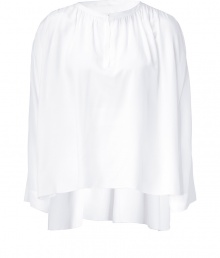 Bohemian style goes edgy with billowy cropped blouse from Schumacher - Small stand collar, long sleeves, pleating detailing at neck and back yoke, loose silhouette, cropped fit, asymmetrical hem - Pair with high-waisted trousers, platform pumps, and a boyfriend blazer Bohemian style goes edgy with billowy cropped blouse from Schumacher - Small stand collar, long sleeves, pleating detailing at neck and back yoke, loose silhouette, cropped fit, asymmetrical hem - Pair with high-waisted trousers, platform pumps, and a boyfriend blazer