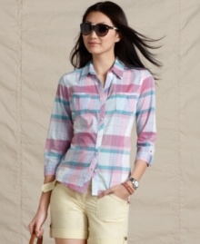 The basic button-front shirt gets revamped with a pastel plaid print from Tommy Hilfiger. Pair it with anything from sporty shorts to denim capris! The basic button-front shirt gets revamped with a pastel plaid print from Tommy Hilfiger. Pair it with anything from sporty shorts to denim capris!
