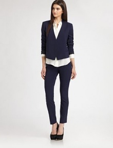 Fine wool crepe articulated in a slim-leg pant cropped just above the ankle.Tab-front waistBelt loopsZip-flySlash pocketsBack welt pocketsRise, about 8Inseam, about 32Wool/Lycra/polyamideDry cleanMade in USA of Italian fabricModel shown is 5'9½ (176cm) wearing US size 4. Fine wool crepe articulated in a slim-leg pant cropped just above the ankle.Tab-front waistBelt loopsZip-flySlash pocketsBack welt pocketsRise, about 8Inseam, about 32Wool/Lycra/polyamideDry cleanMade in USA of Italian fabricModel shown is 5'9½ (176cm) wearing US size 4.