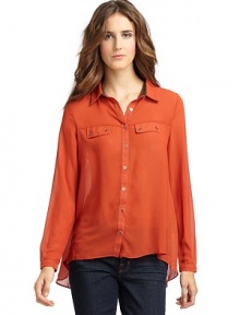 THE LOOKShirt collarFront button closureLong button cuff sleeves Mock button flap pocketsHi-lo hem Split-back detailTHE FITAbout 24 from shoulder to hemTHE MATERIALPolyesterCARE & ORIGINHand washImportedModel shown is 5'10 (177cm) wearing US size Small. THE LOOKShirt collarFront button closureLong button cuff sleeves Mock button flap pocketsHi-lo hem Split-back detailTHE FITAbout 24 from shoulder to hemTHE MATERIALPolyesterCARE & ORIGINHand washImportedModel shown is 5'10 (177cm) wearing US size Small.