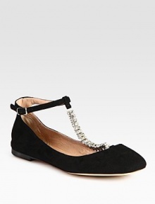 Rhinestone-encrusted t-strap adds a dash of sparkle to this timeless suede design. Suede upperLeather lining and solePadded insoleMade in ItalyOUR FIT MODEL RECOMMENDS ordering true size. Rhinestone-encrusted t-strap adds a dash of sparkle to this timeless suede design. Suede upperLeather lining and solePadded insoleMade in ItalyOUR FIT MODEL RECOMMENDS ordering true size.