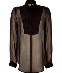 Channel of-the-moment style in this oversized sheer blouse from Faith Connexion - Stand collar, long sleeves, concealed front button placket, solid front yoke, sheer metallic body, oversized silhouette, curved asymmetrical hem - Pair with leather leggings, an oversized cashmere cardigan, and statement heels Channel of-the-moment style in this oversized sheer blouse from Faith Connexion - Stand collar, long sleeves, concealed front button placket, solid front yoke, sheer metallic body, oversized silhouette, curved asymmetrical hem - Pair with leather leggings, an oversized cashmere cardigan, and statement heels