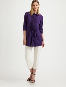Crisp woven cotton, tailored in a flattering silhouette featuring delicate front pleats.Point collarButton frontFront pleatsLong sleeves with button cuffsAbout 29 from shoulder to hem83% cotton/14% polyamide/3% elastaneDry cleanMade in Italy of imported fabricModel shown is 5'10½ (179cm) wearing US size 4.OUR FIT MODEL RECOMMENDS ordering true size. Crisp woven cotton, tailored in a flattering silhouette featuring delicate front pleats.Point collarButton frontFront pleatsLong sleeves with button cuffsAbout 29 from shoulder to hem83% cotton/14% polyamide/3% elastaneDry cleanMade in Italy of imported fabricModel shown is 5'10½ (179cm) wearing US size 4.OUR FIT MODEL RECOMMENDS ordering true size.