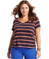 Sport one of the season coolest trends with Soprano's short sleeve plus size top, broadcasting neon stripes!