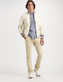 An essential part of any man's wardrobe is cut with classic fit in smooth, easy-wearing cotton chino. Side slash, back welt and flap pockets Inseam, about 34 Cotton Machine wash Imported An essential part of any man's wardrobe is cut with classic fit in smooth, easy-wearing cotton chino. Side slash, back welt and flap pockets Inseam, about 34 Cotton Machine wash Imported