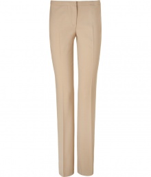Luxe trousers in fine, beige virgin wool stretch blend - Slim, streamlined silhouette - Crease detail from thigh to hem flatters and elongates the leg - Gently flared boot cut - Single welt button pockets at rear - Medium-low rise, with zip fly and tab closure - Perfect for work and play - Style with a blazer and silk blouse by day, and dress up with a sequin top and cropped leather jacket at night Luxe trousers in fine, beige virgin wool stretch blend - Slim, streamlined silhouette - Crease detail from thigh to hem flatters and elongates the leg - Gently flared boot cut - Single welt button pockets at rear - Medium-low rise, with zip fly and tab closure - Perfect for work and play - Style with a blazer and silk blouse by day, and dress up with a sequin top and cropped leather jacket at night