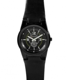 For distinctively masculine - yet still subtle - style, strap on this black on black watch by Unlisted. Black leather strap and round gunmetal ion-plated mixed metal case. Black dial features white numerals and stick indices, minute track, subdial, three hands and logo. Quartz movement. Splash resistant. Two-year limited warranty. For distinctively masculine - yet still subtle - style, strap on this black on black watch by Unlisted. Black leather strap and round gunmetal ion-plated mixed metal case. Black dial features white numerals and stick indices, minute track, subdial, three hands and logo. Quartz movement. Splash resistant. Two-year limited warranty.